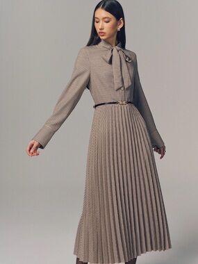 NWT Commense Plaid Pleated Maxi Dress – S, Belted Bow Neck, Sold Out